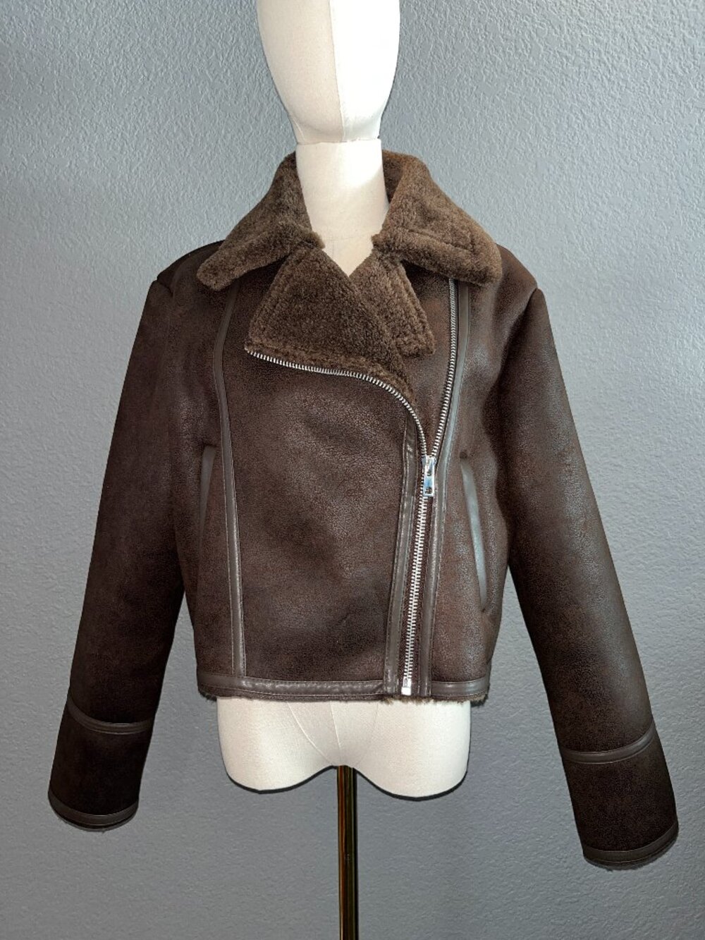 Zara Brown Faux Shearling Double-Faced Short Jacket Moto Aviator Coat - NWOT - M